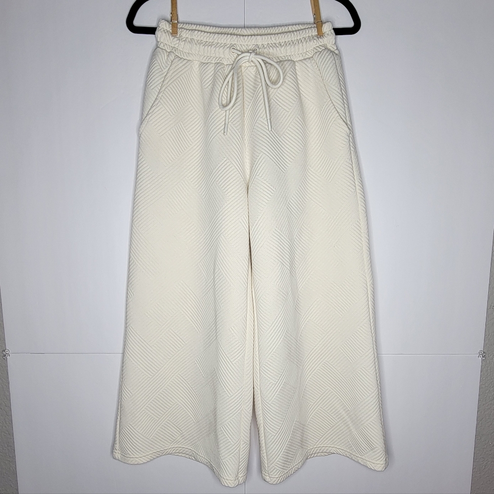 Wide Leg Quilted Drawstring Pants in Cream